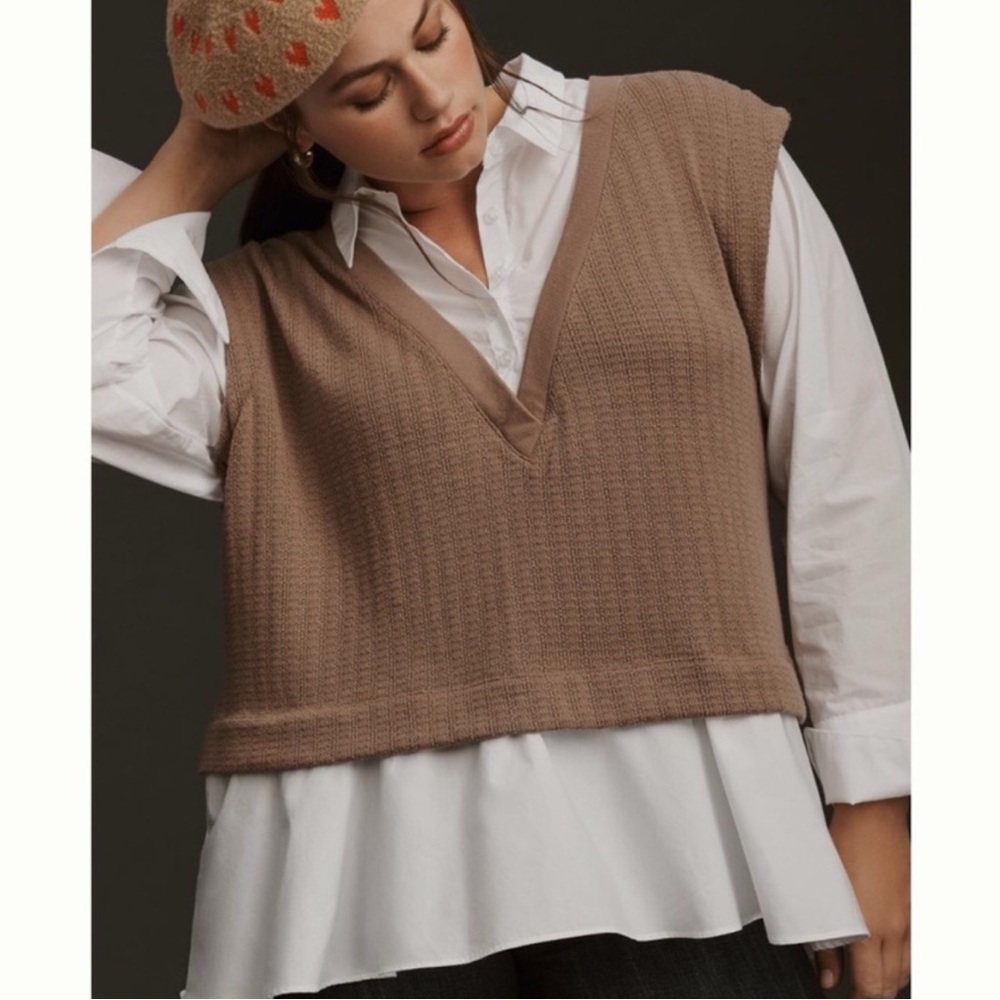 Anthropologie Twofer Sweater Vest Button Down Deep Mink White Preppy Academia 3X